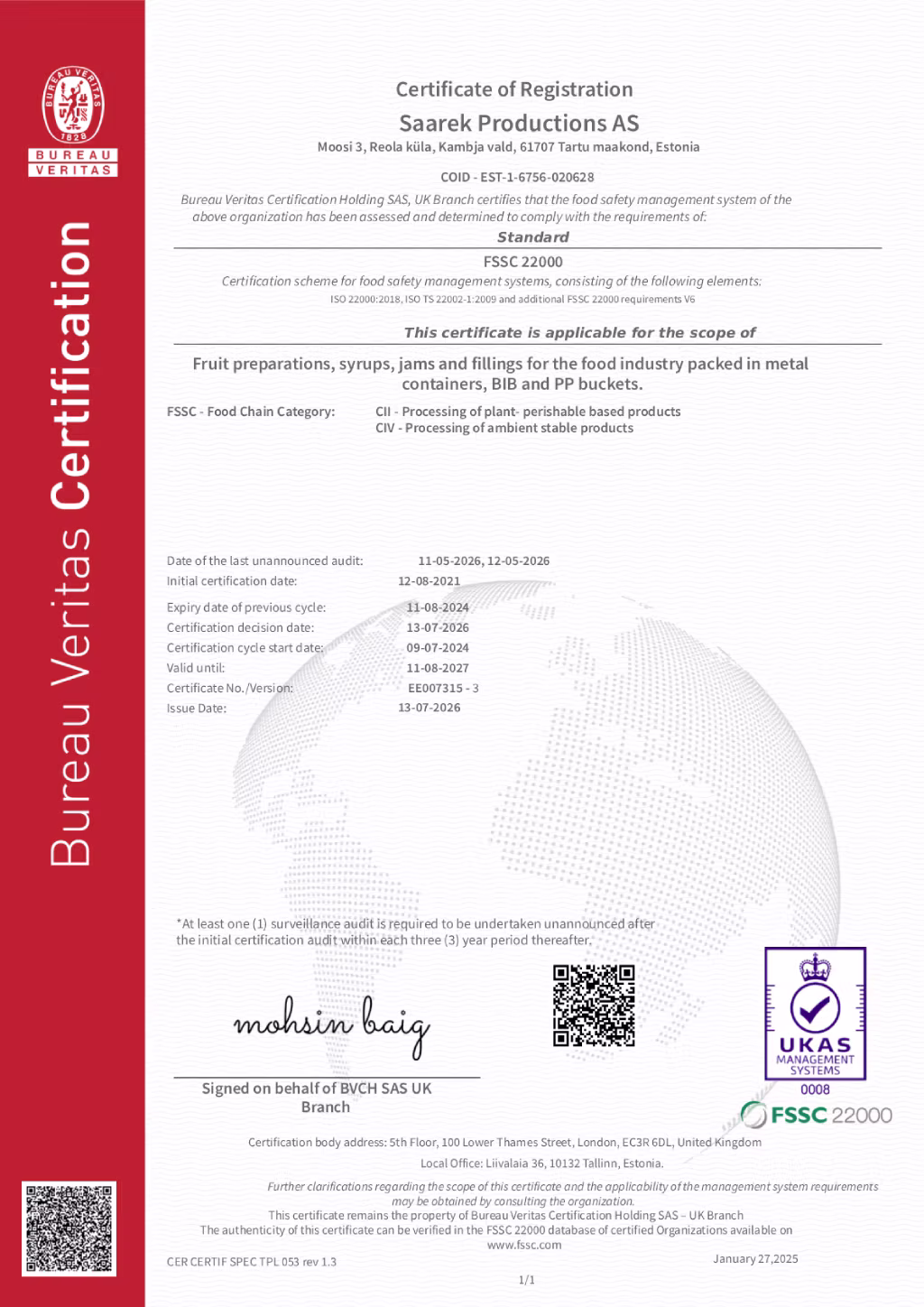 FSSC 22000 certificate of registration