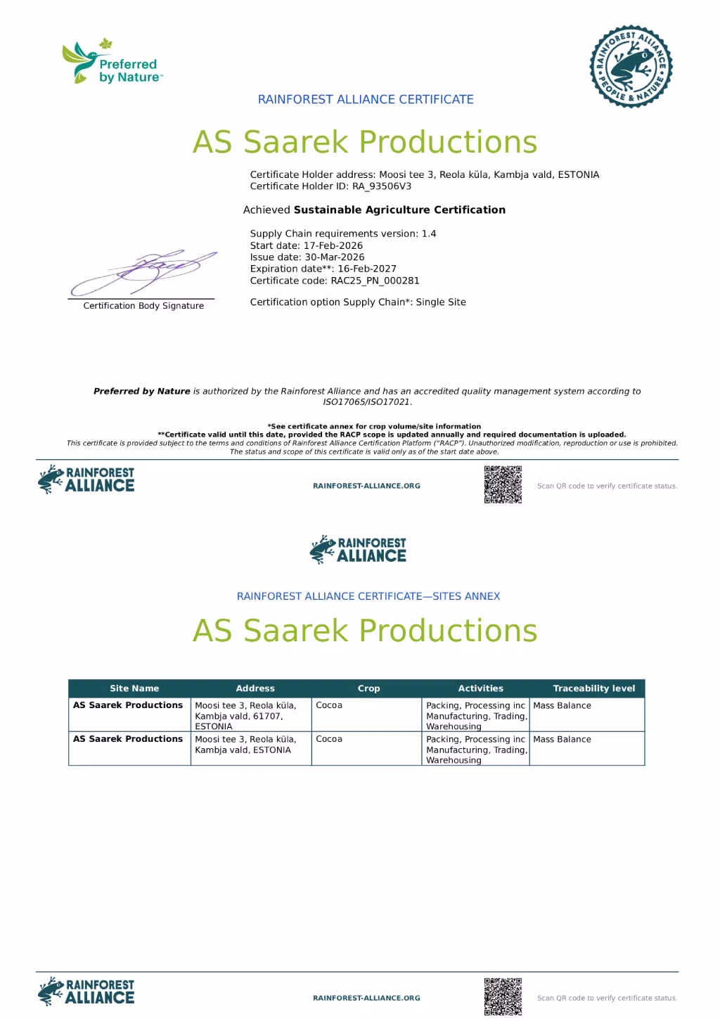 Rainforest Alliance certificate